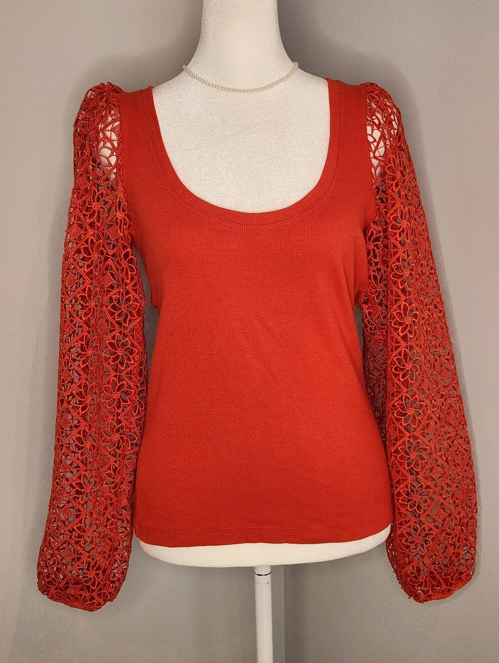 Anthropologie By Maeve Lace Sleeve Orange Red Top XS